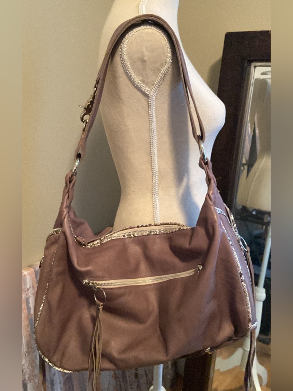Maya Moon Leather Shoulder Bag Hand Bag Purse Fringe Zipper Pulls Snakeskin Trim